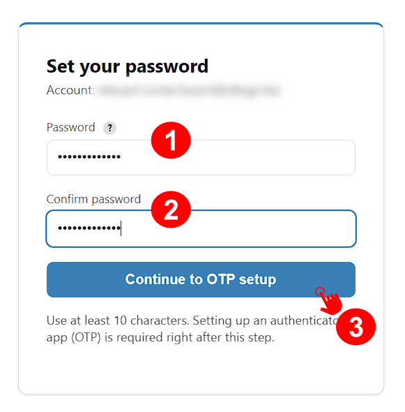 Set your password form with the Password and Confirm password fields and the Continue to OTP setup button